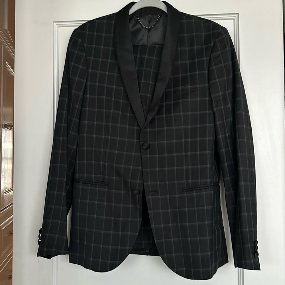 Topman Black Tuxedo with Brown and Green Check Pattern